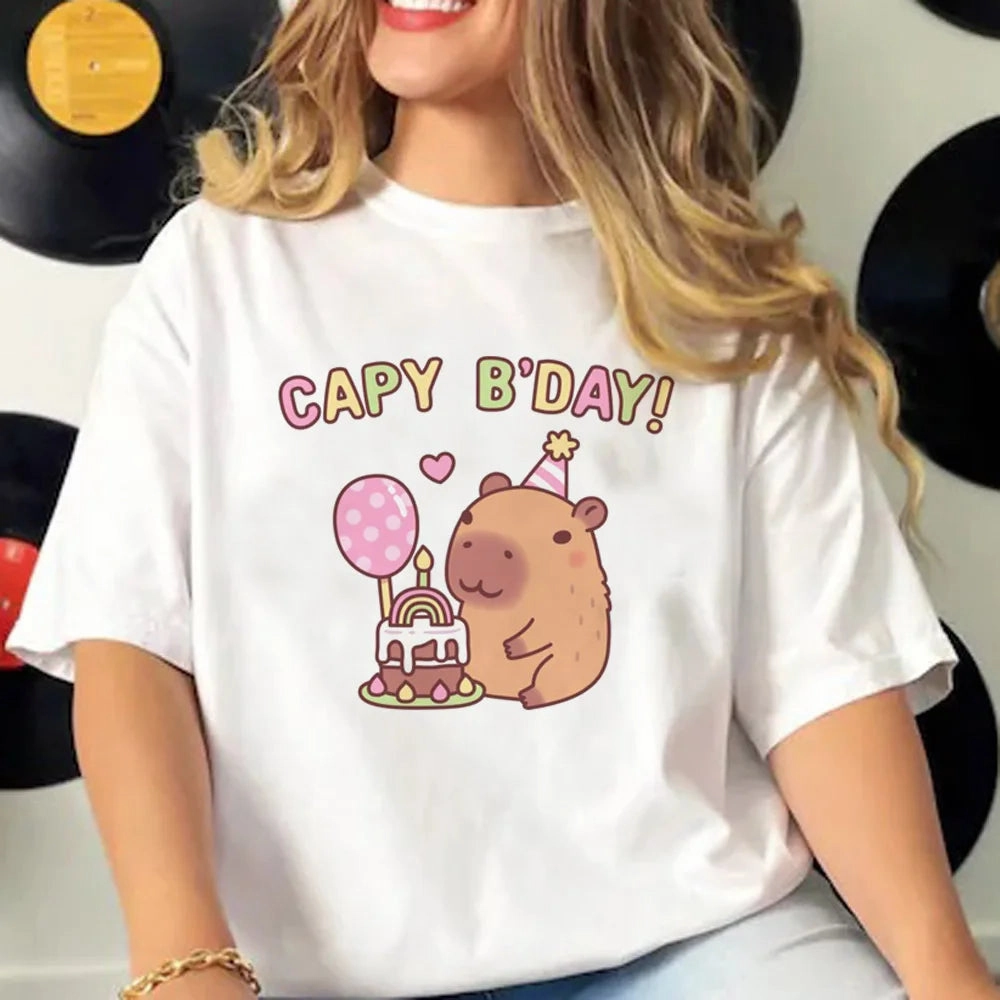 Cute Capybara Manga Graphic Tee for Women - Casual Harajuku Style Top with Fun Cartoon Design, Perfect for All Seasons
