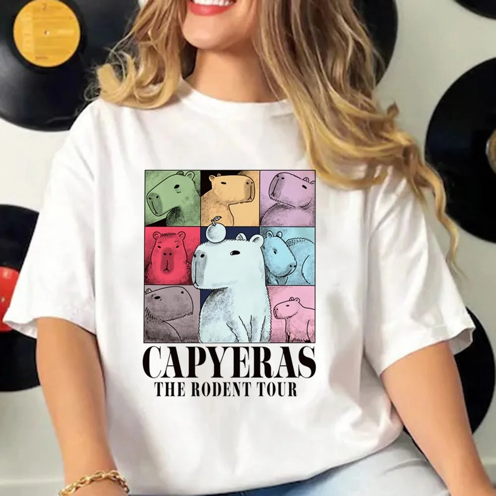Cute Capybara Manga Graphic Tee for Women - Casual Harajuku Style Top with Fun Cartoon Design, Perfect for All Seasons