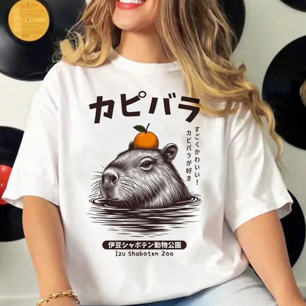 Cute Capybara Manga Graphic Tee for Women - Casual Harajuku Style Top with Fun Cartoon Design, Perfect for All Seasons