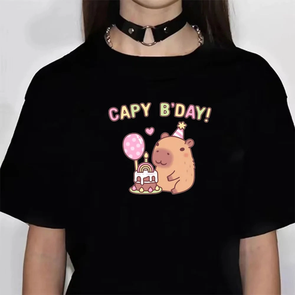 Cute Capybara Manga Graphic Tee for Women - Casual Harajuku Style Top with Fun Cartoon Design, Perfect for All Seasons