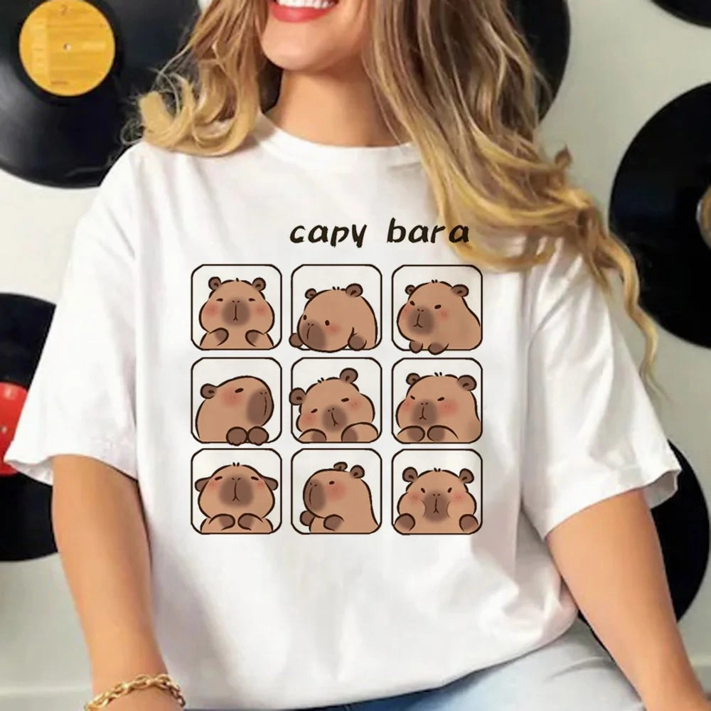 Cute Capybara Manga Graphic Tee for Women - Casual Harajuku Style Top with Fun Cartoon Design, Perfect for All Seasons