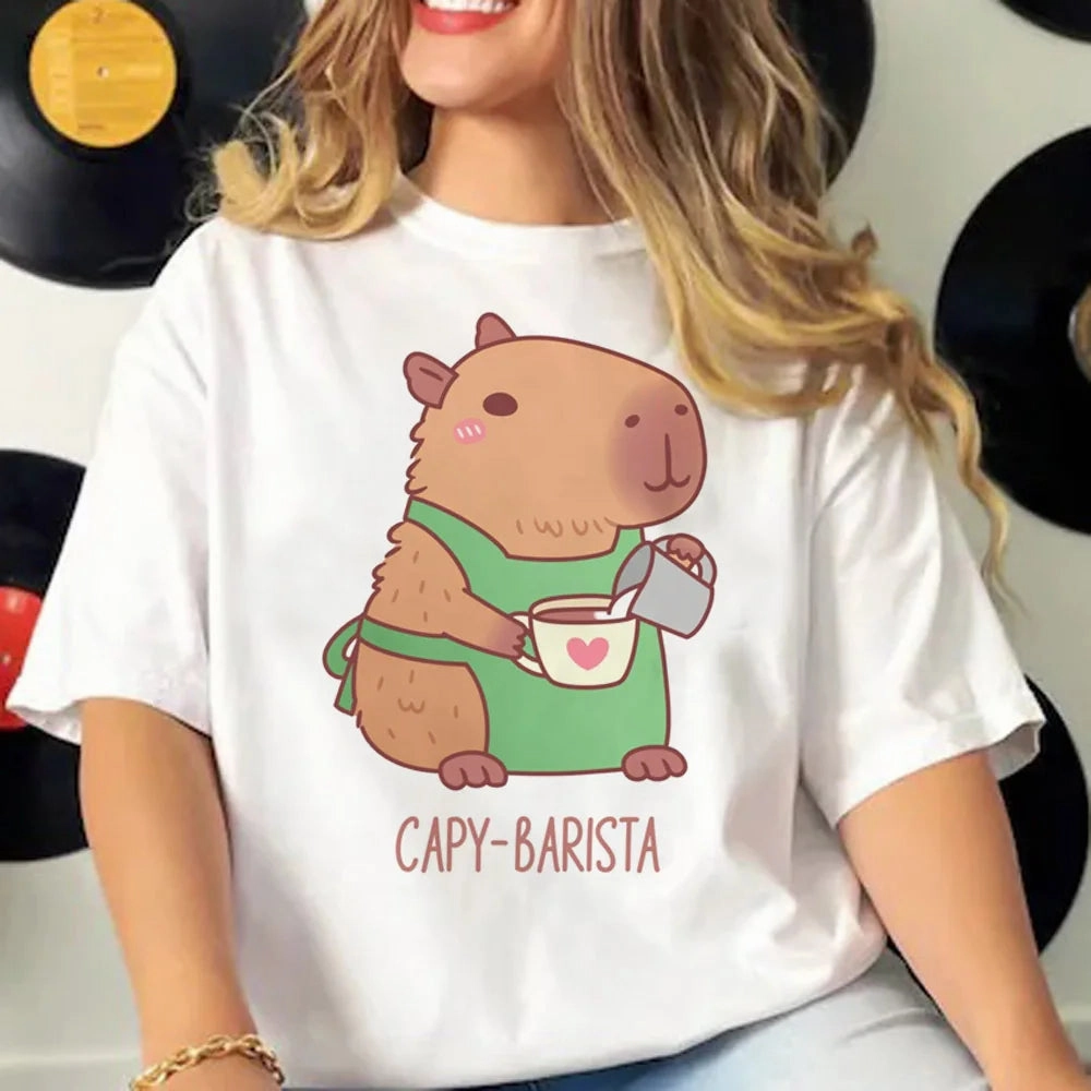 Cute Capybara Manga Graphic Tee for Women - Casual Harajuku Style Top with Fun Cartoon Design, Perfect for All Seasons