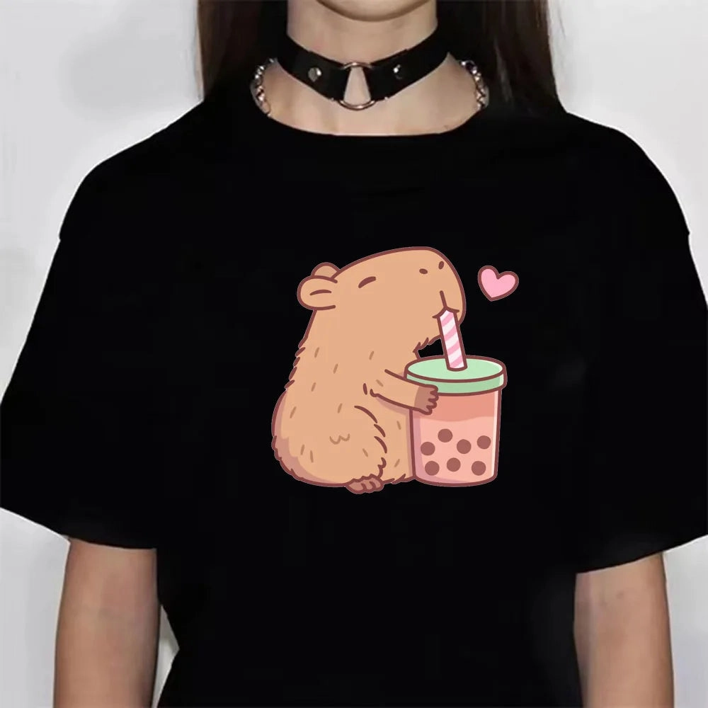 Cute Capybara Manga Graphic Tee for Women - Casual Harajuku Style Top with Fun Cartoon Design, Perfect for All Seasons