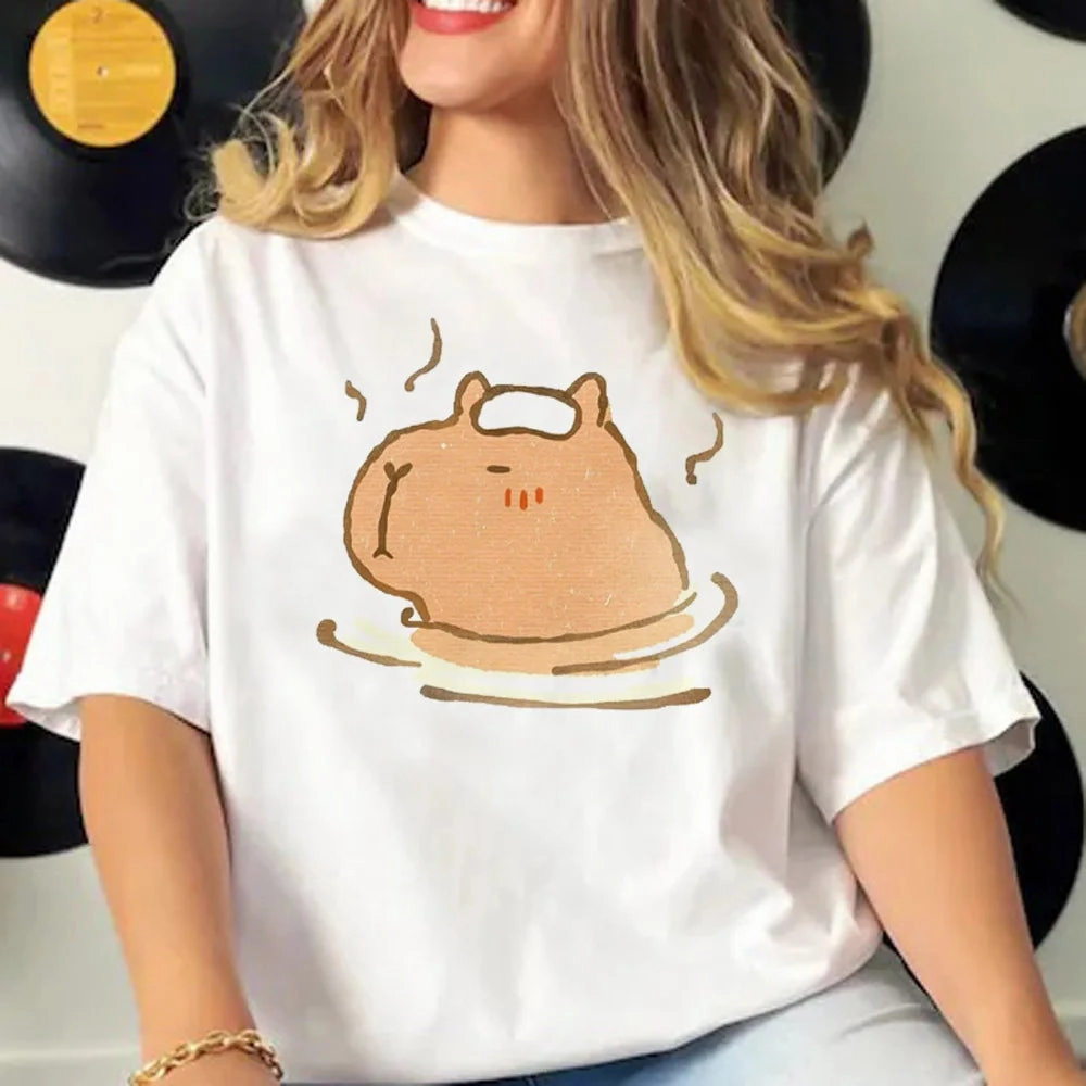 Cute Capybara Manga Graphic Tee for Women - Casual Harajuku Style Top with Fun Cartoon Design, Perfect for All Seasons