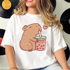 Cute Capybara Manga Graphic Tee for Women - Casual Harajuku Style Top with Fun Cartoon Design, Perfect for All Seasons