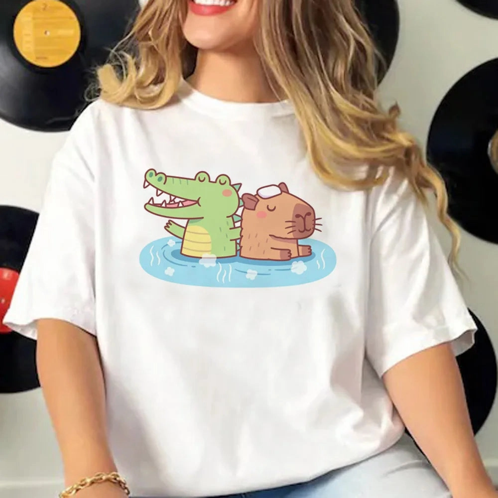 Cute Capybara Manga Graphic Tee for Women - Casual Harajuku Style Top with Fun Cartoon Design, Perfect for All Seasons