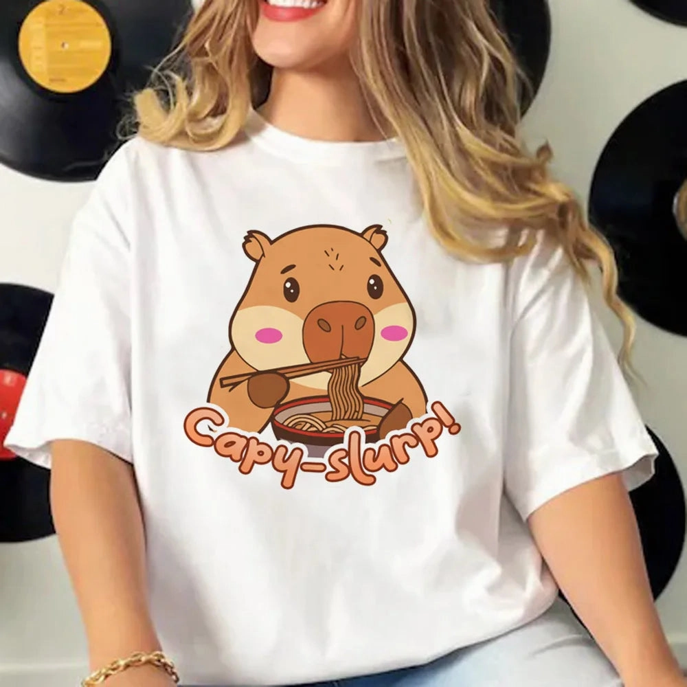 Cute Capybara Manga Graphic Tee for Women - Casual Harajuku Style Top with Fun Cartoon Design, Perfect for All Seasons