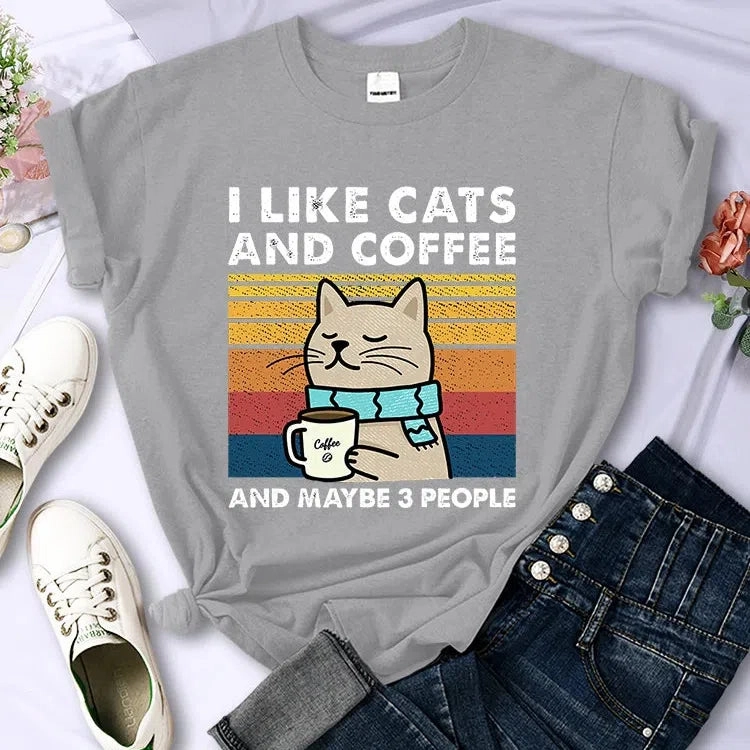Cute Cat & Coffee Graphic Tee for Women ?C Summer Hip Hop Style Soft & Breathable Short Sleeve T-Shirt
