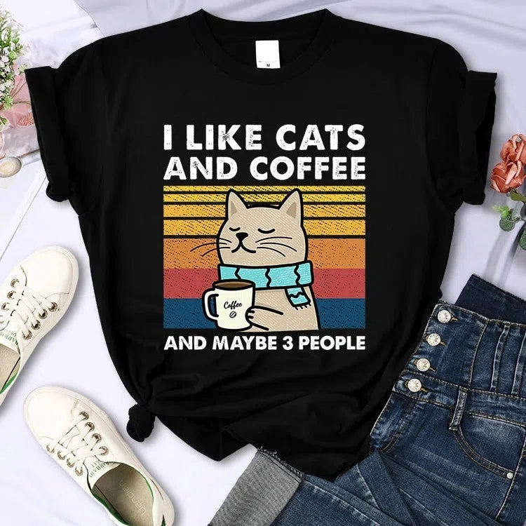 Cute Cat & Coffee Graphic Tee for Women ?C Summer Hip Hop Style Soft & Breathable Short Sleeve T-Shirt