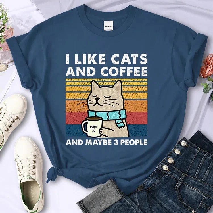 Cute Cat & Coffee Graphic Tee for Women ?C Summer Hip Hop Style Soft & Breathable Short Sleeve T-Shirt