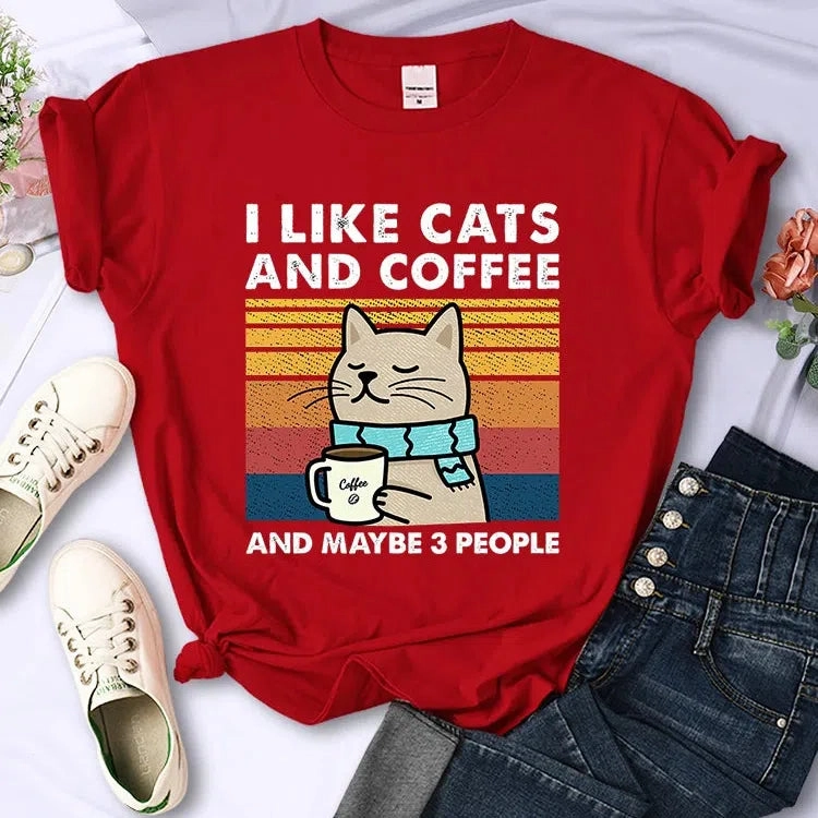Cute Cat & Coffee Graphic Tee for Women ?C Summer Hip Hop Style Soft & Breathable Short Sleeve T-Shirt