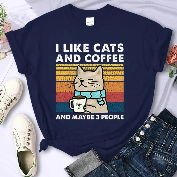 Cute Cat & Coffee Graphic Tee for Women ?C Summer Hip Hop Style Soft & Breathable Short Sleeve T-Shirt
