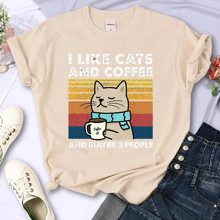Cute Cat & Coffee Graphic Tee for Women ?C Summer Hip Hop Style Soft & Breathable Short Sleeve T-Shirt