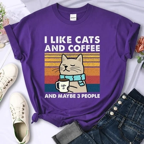 Cute Cat & Coffee Graphic Tee for Women ?C Summer Hip Hop Style Soft & Breathable Short Sleeve T-Shirt