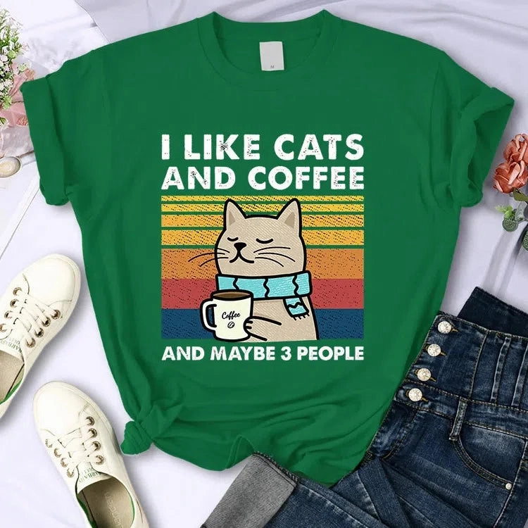 Cute Cat & Coffee Graphic Tee for Women ?C Summer Hip Hop Style Soft & Breathable Short Sleeve T-Shirt