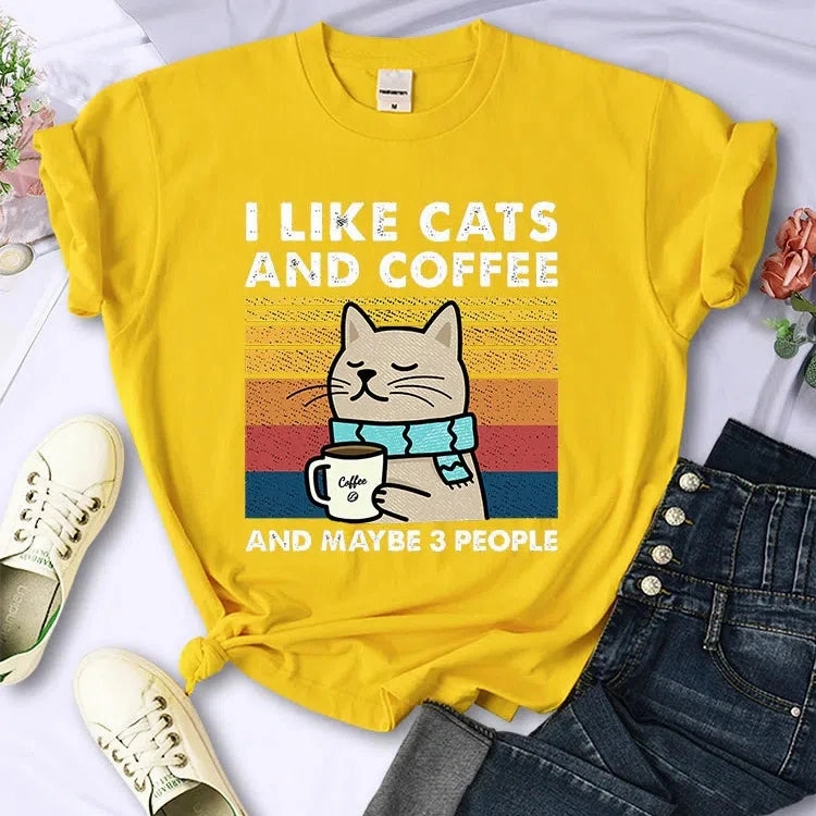 Cute Cat & Coffee Graphic Tee for Women ?C Summer Hip Hop Style Soft & Breathable Short Sleeve T-Shirt