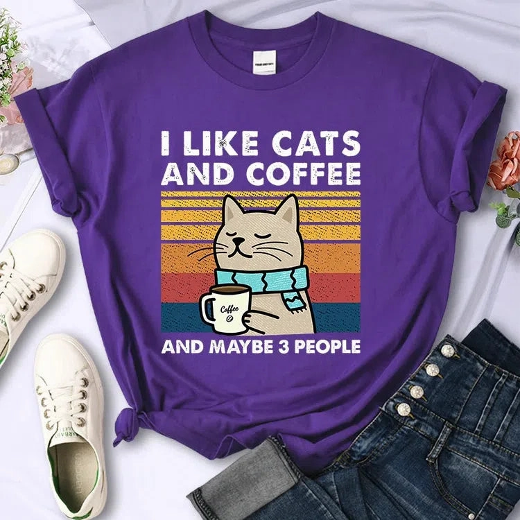 Cute Cat & Coffee Graphic Tee for Women ?C Summer Hip Hop Style Soft & Breathable Short Sleeve T-Shirt