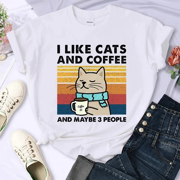 Cute Cat & Coffee Graphic Tee for Women ?C Summer Hip Hop Style Soft & Breathable Short Sleeve T-Shirt