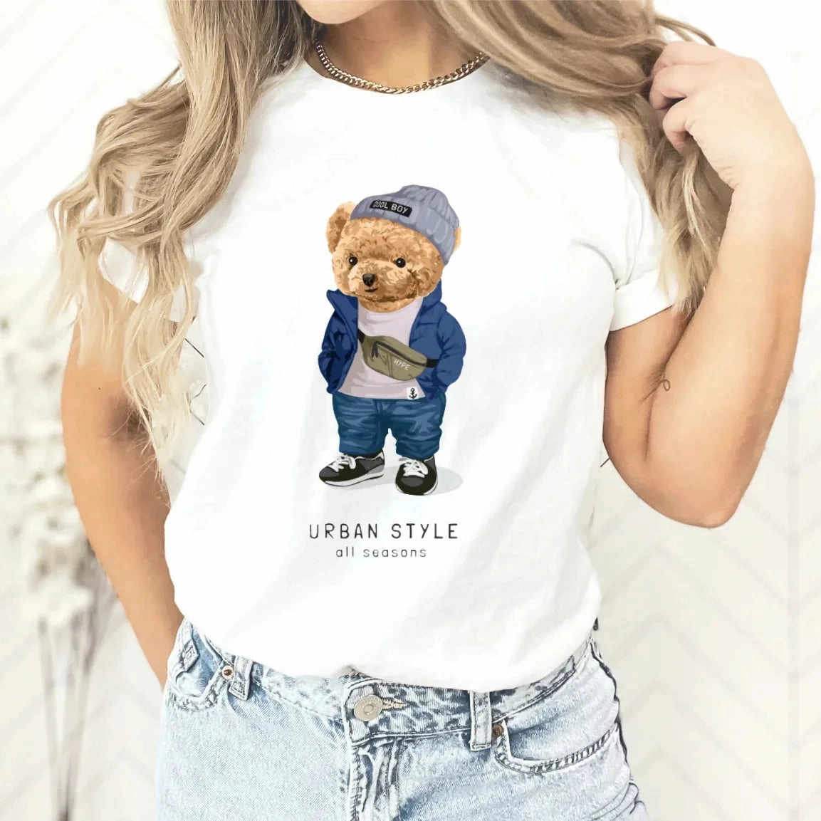 Cute Couple Teddy Bear Oversized T-Shirt - Trendy Harajuku Style Crew Neck Tee for Women, Perfect for Spring/Summer Fashion