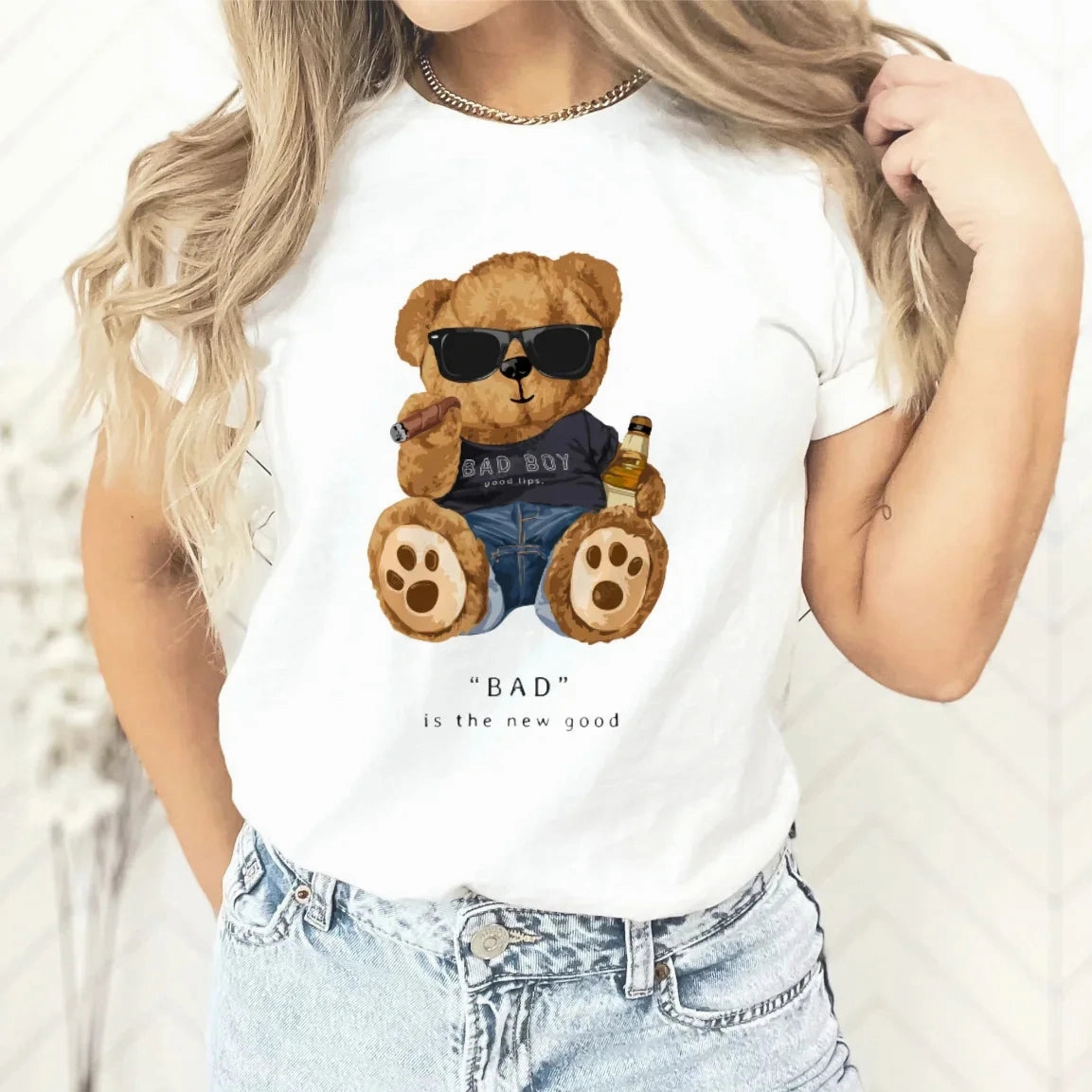 Cute Couple Teddy Bear Oversized T-Shirt - Trendy Harajuku Style Crew Neck Tee for Women, Perfect for Spring/Summer Fashion