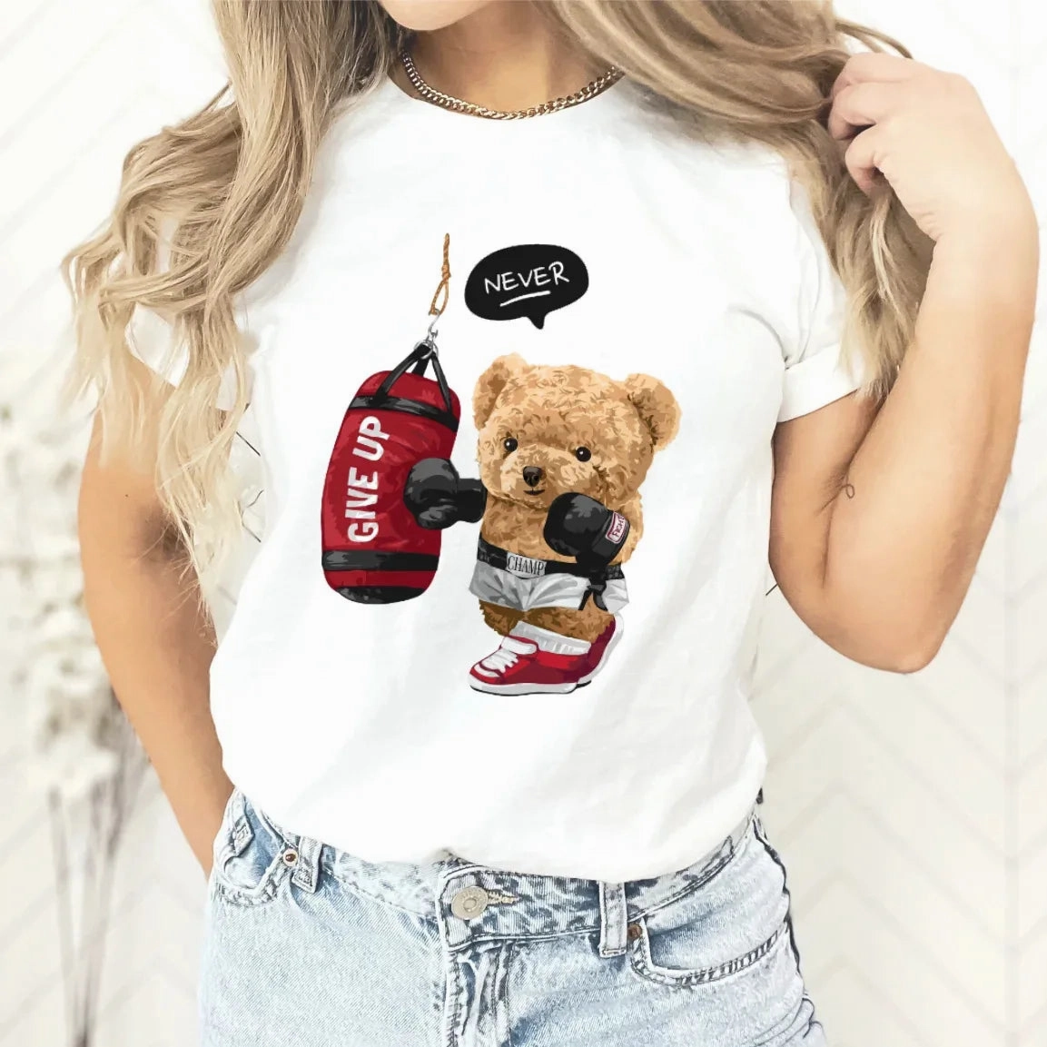 Cute Couple Teddy Bear Oversized T-Shirt - Trendy Harajuku Style Crew Neck Tee for Women, Perfect for Spring/Summer Fashion