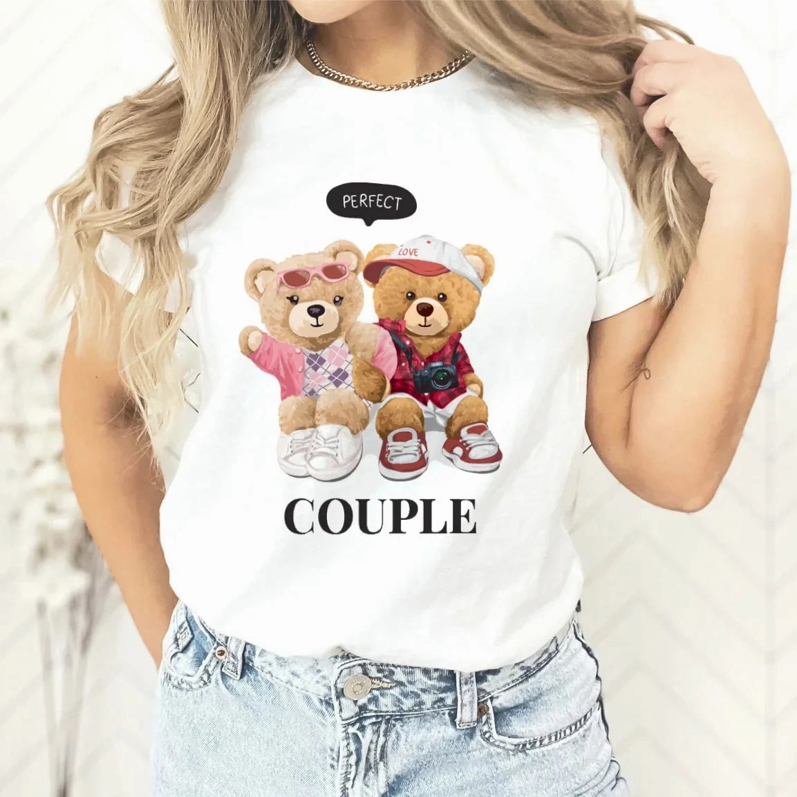 Cute Couple Teddy Bear Oversized T-Shirt - Trendy Harajuku Style Crew Neck Tee for Women, Perfect for Spring/Summer Fashion