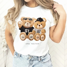 Cute Couple Teddy Bear Oversized T-Shirt - Trendy Harajuku Style Crew Neck Tee for Women, Perfect for Spring/Summer Fashion