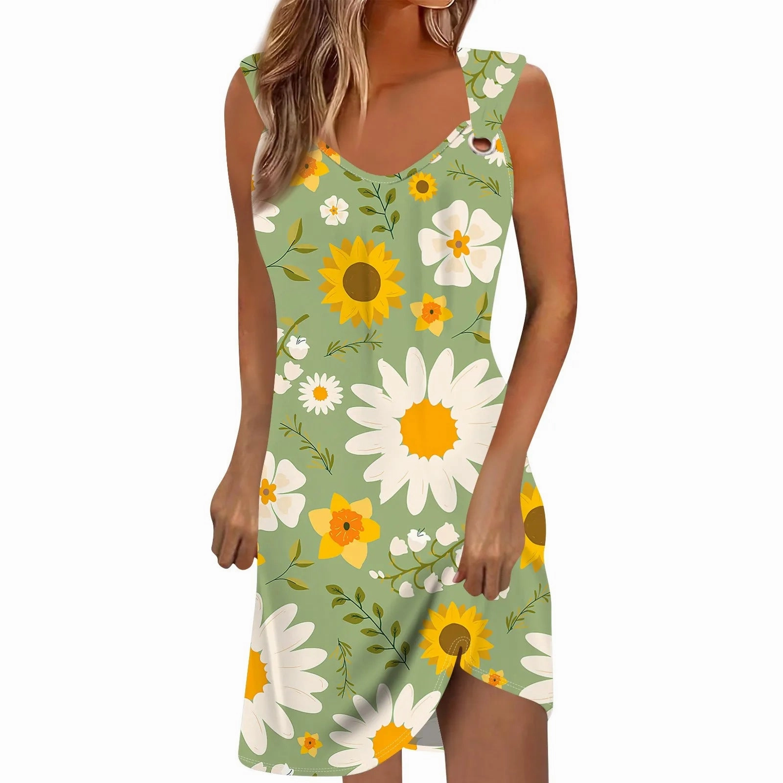 Cute Floral Fashion V-Neck Summer Dress Sleeveless Elegant Skirts