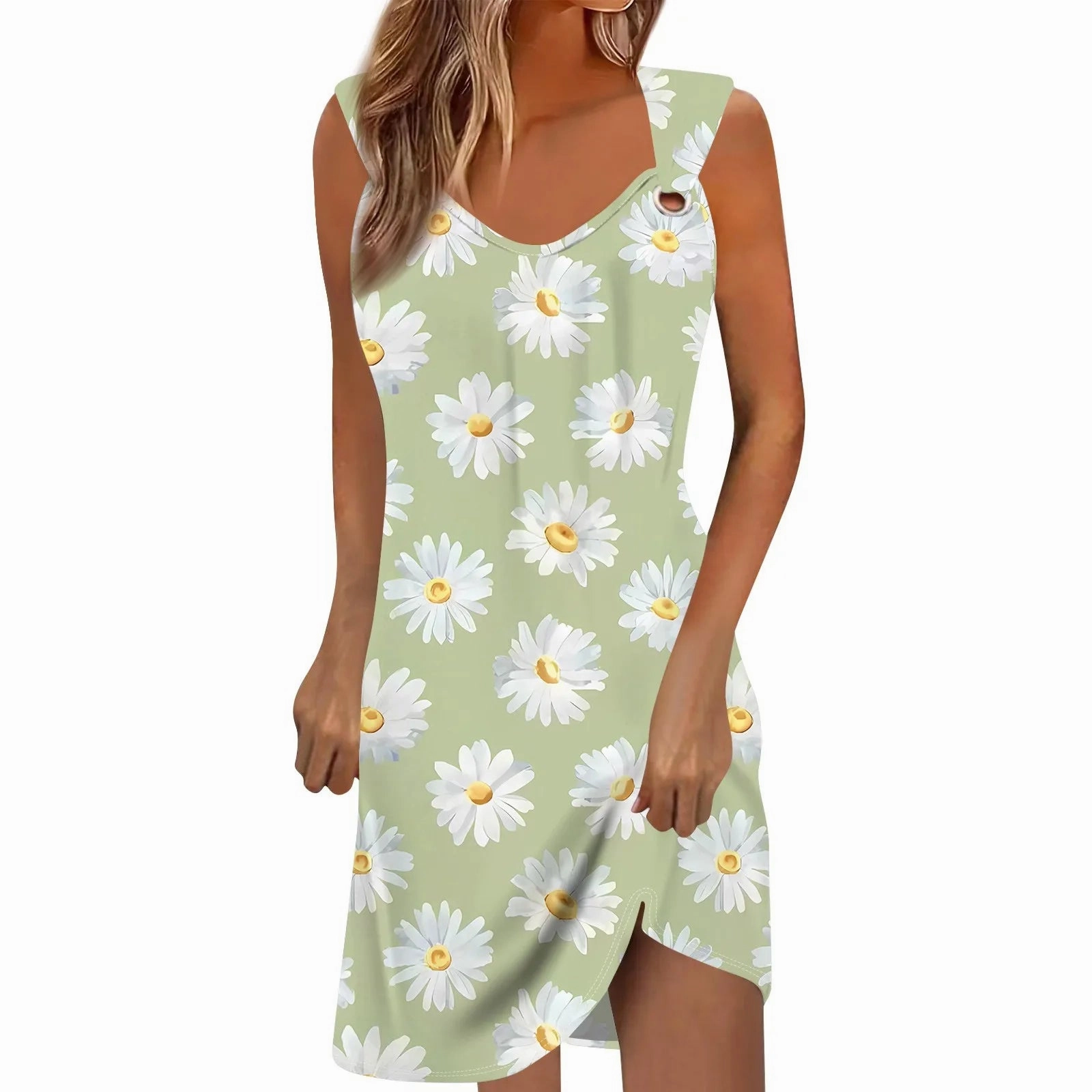 Cute Floral Fashion V-Neck Summer Dress Sleeveless Elegant Skirts