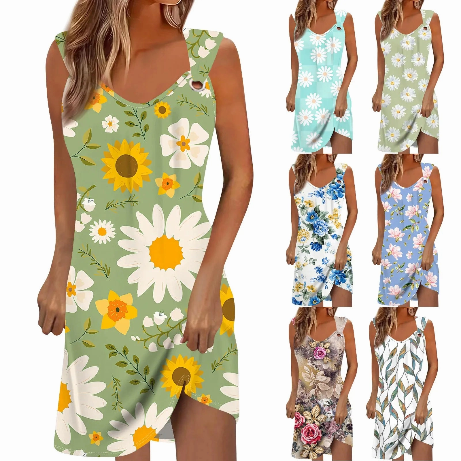 Cute Floral Fashion V-Neck Summer Dress Sleeveless Elegant Skirts