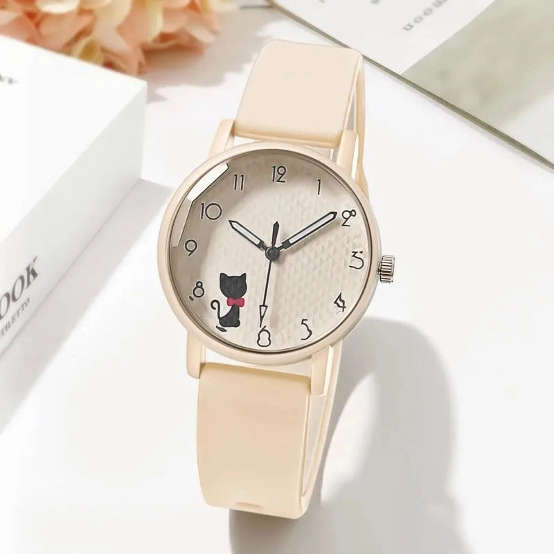 Cute Girl Quartz Watch Lovely Cat Dial Silicone Strap