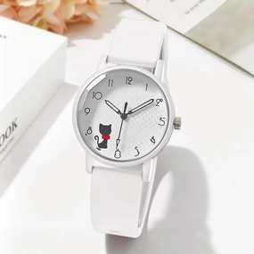 Cute Girl Quartz Watch Lovely Cat Dial Silicone Strap