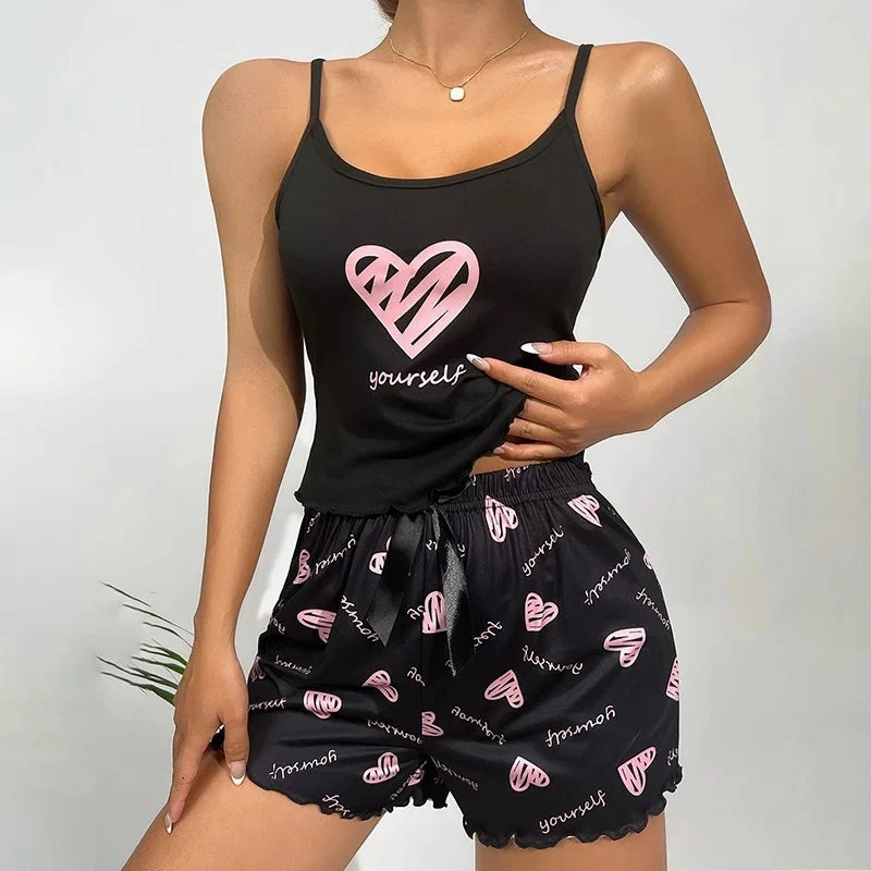 Cute Print Women's Pajama Set Cami Top and Shorts Summer Loungewear Soft Comfortable Cartoon Style