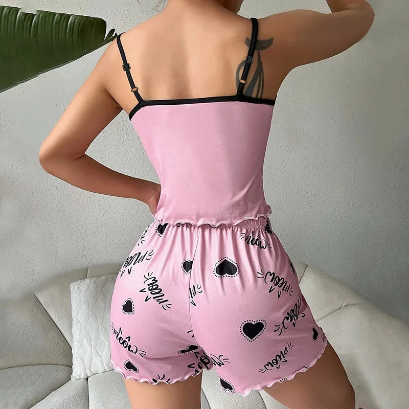 Cute Print Women's Pajama Set Cami Top and Shorts Summer Loungewear Soft Comfortable Cartoon Style