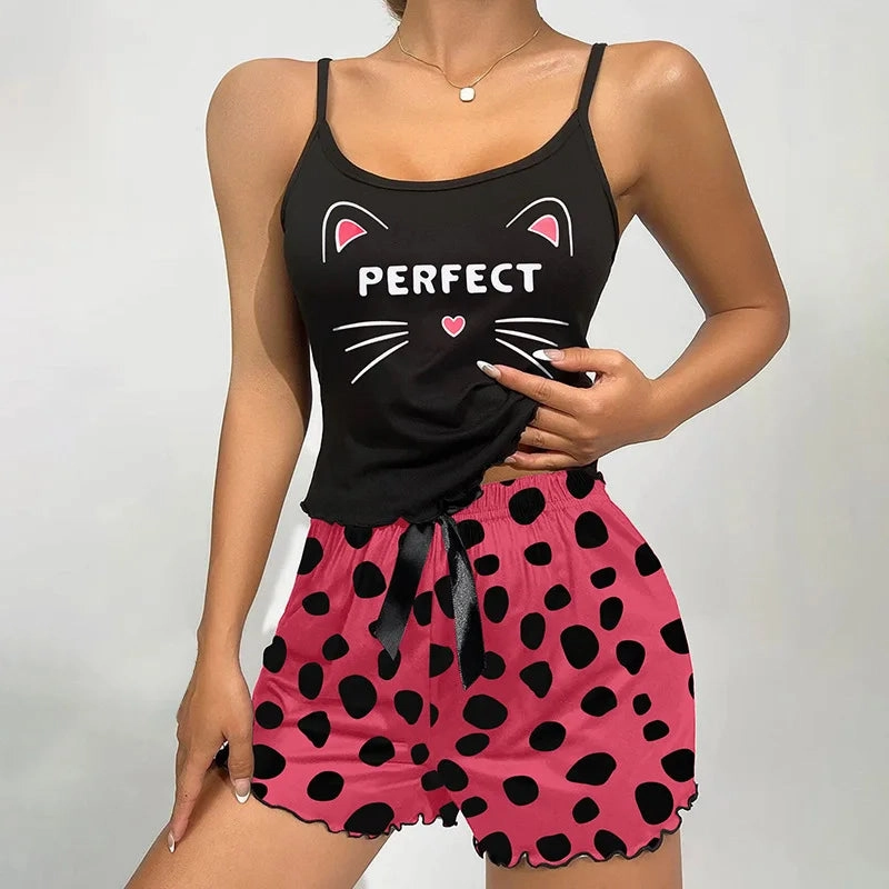Cute Print Women's Pajama Set Cami Top and Shorts Summer Loungewear Soft Comfortable Cartoon Style