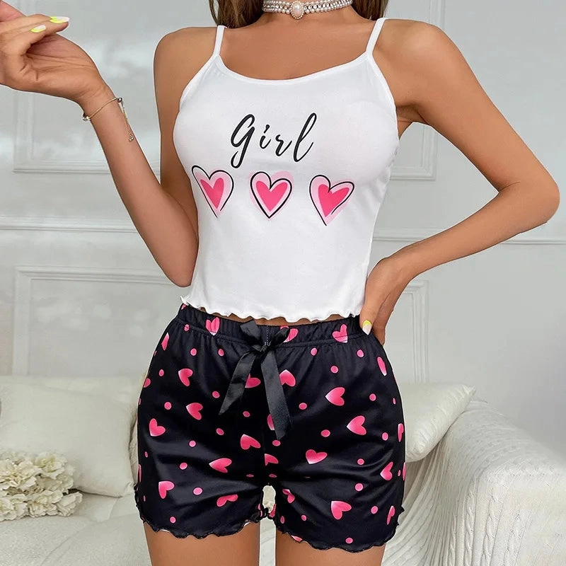 Cute Print Women's Pajama Set Cami Top and Shorts Summer Loungewear Soft Comfortable Cartoon Style