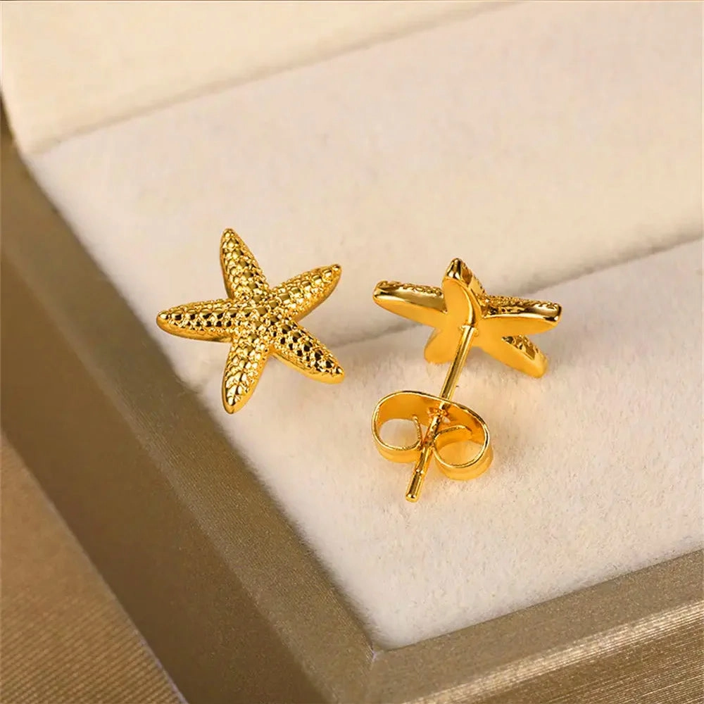 Cute Summer Starfish Stainless Steel Stud Earrings for Women