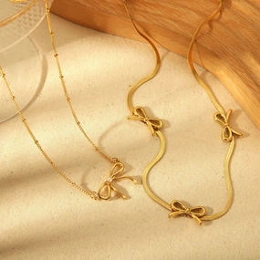 Dainty 18K PVD Gold Plated Snake Chain Bow Pendant Necklace
