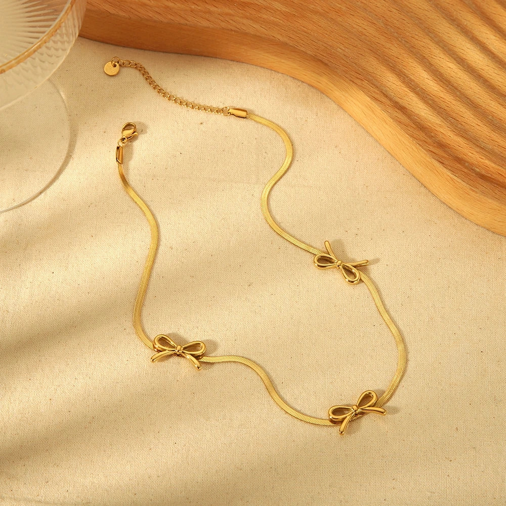 Dainty 18K PVD Gold Plated Snake Chain Bow Pendant Necklace