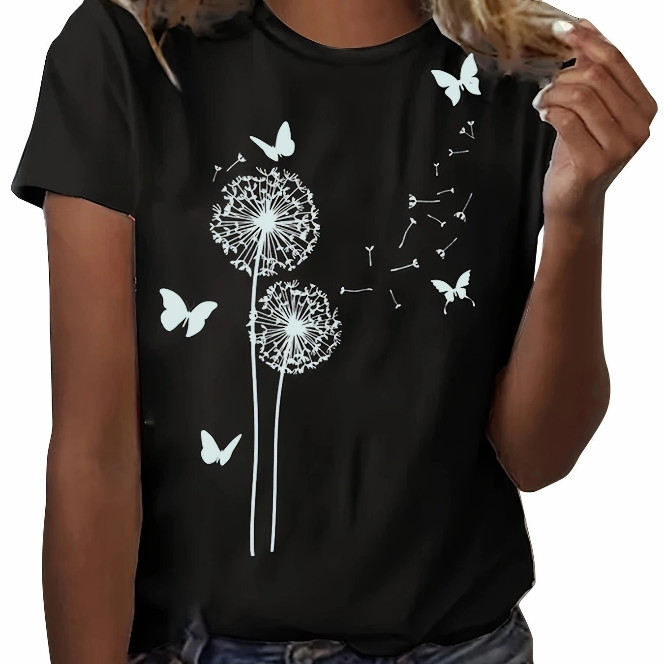 Dandelion & Butterfly Print T-Shirt Casual Crew Neck Top