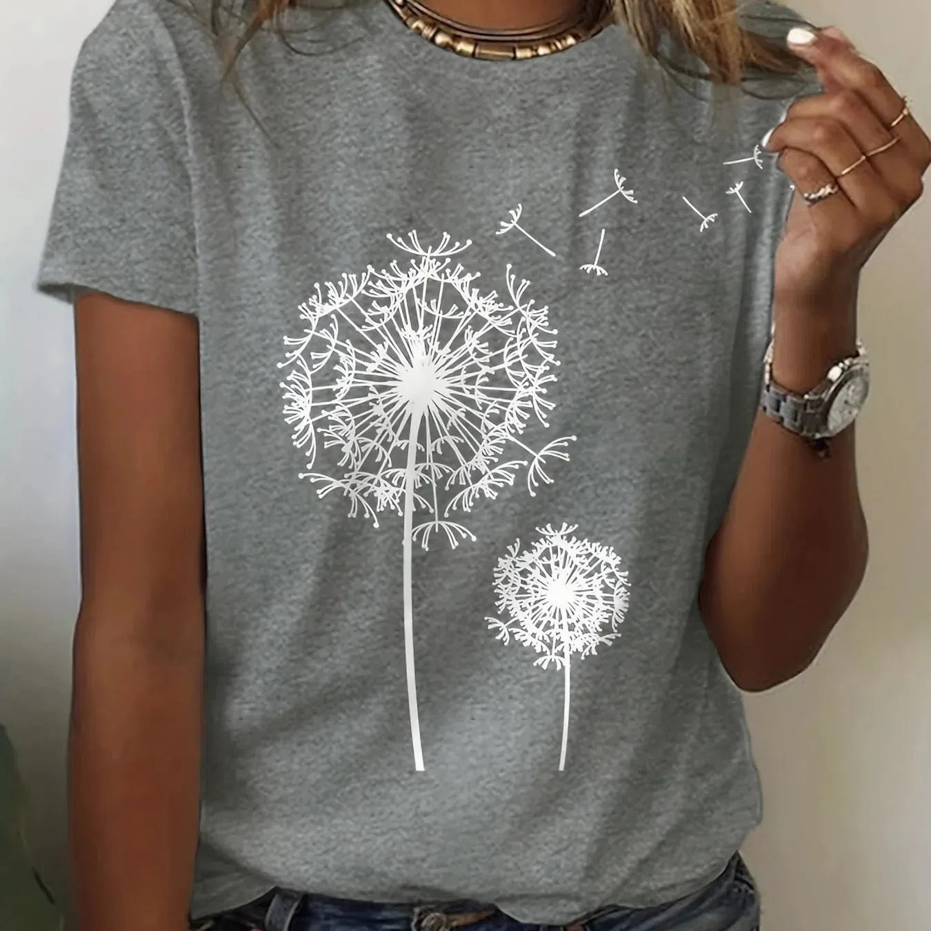 Dandelion Floral Crew Neck Tee - Casual Short Sleeve Top for Effortless Spring & Summer Style, Perfect for Women