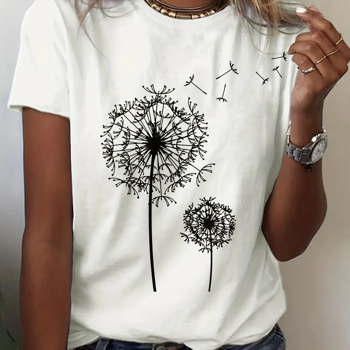 Dandelion Floral Crew Neck Tee - Casual Short Sleeve Top for Effortless Spring & Summer Style, Perfect for Women