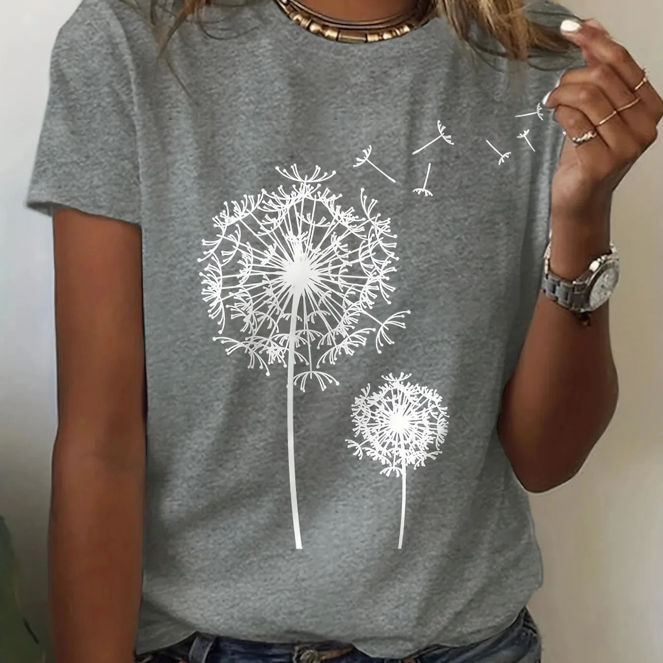 Dandelion Floral Crew Neck Tee - Casual Short Sleeve Top for Effortless Spring & Summer Style, Perfect for Women