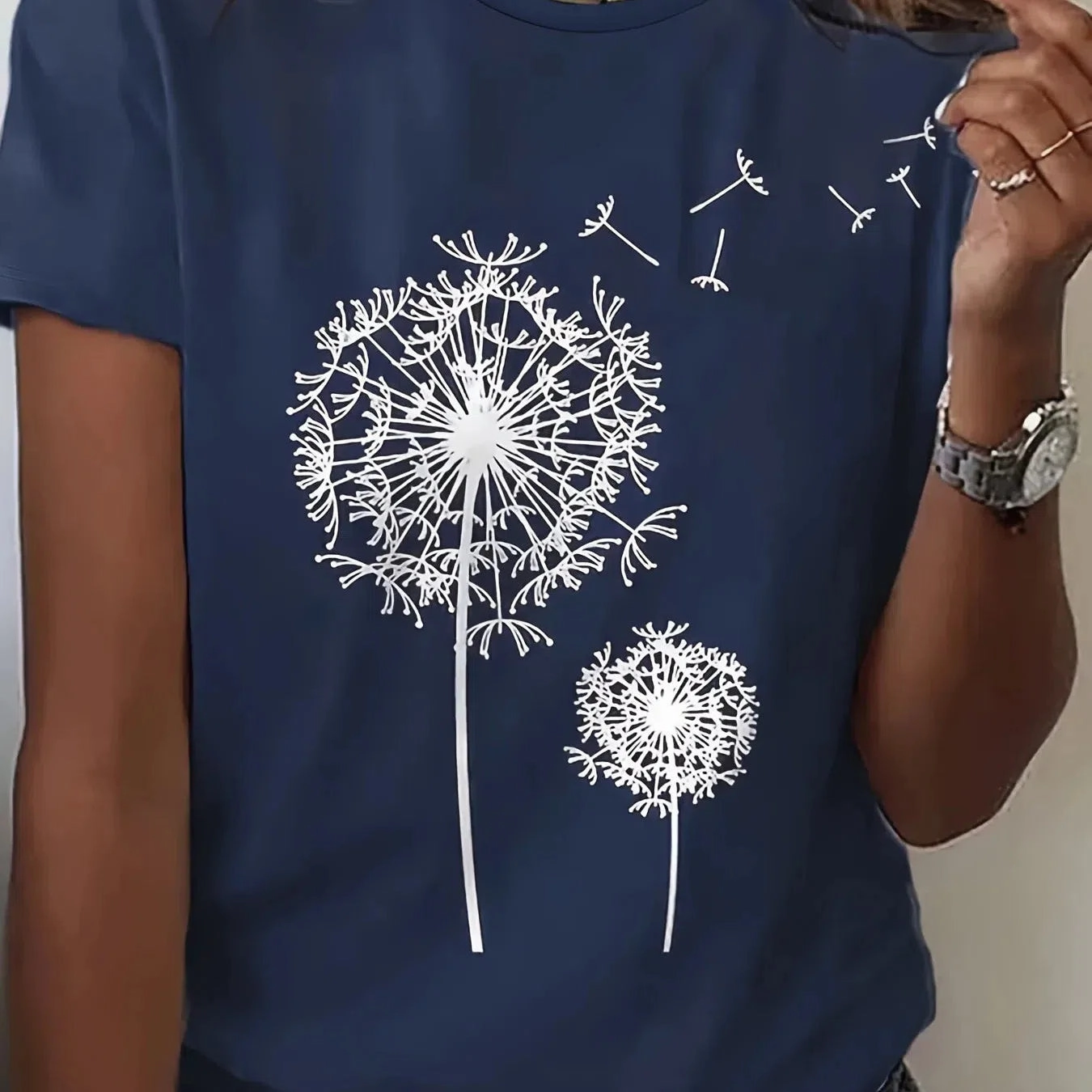 Dandelion Floral Crew Neck Tee - Casual Short Sleeve Top for Effortless Spring & Summer Style, Perfect for Women