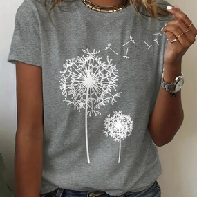 Dandelion Floral Crew Neck Tee - Casual Short Sleeve Top for Effortless Spring & Summer Style, Perfect for Women