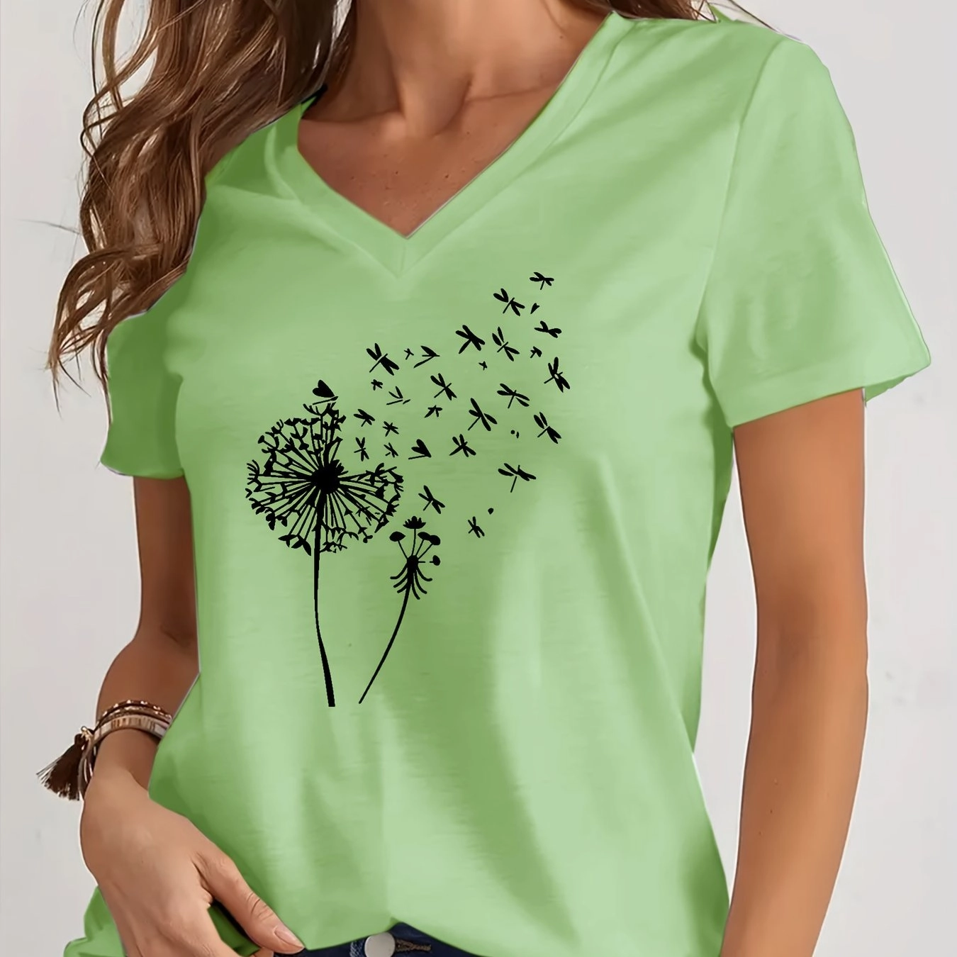 Dandelion Print V Neck T-Shirt for Spring and Summer Style