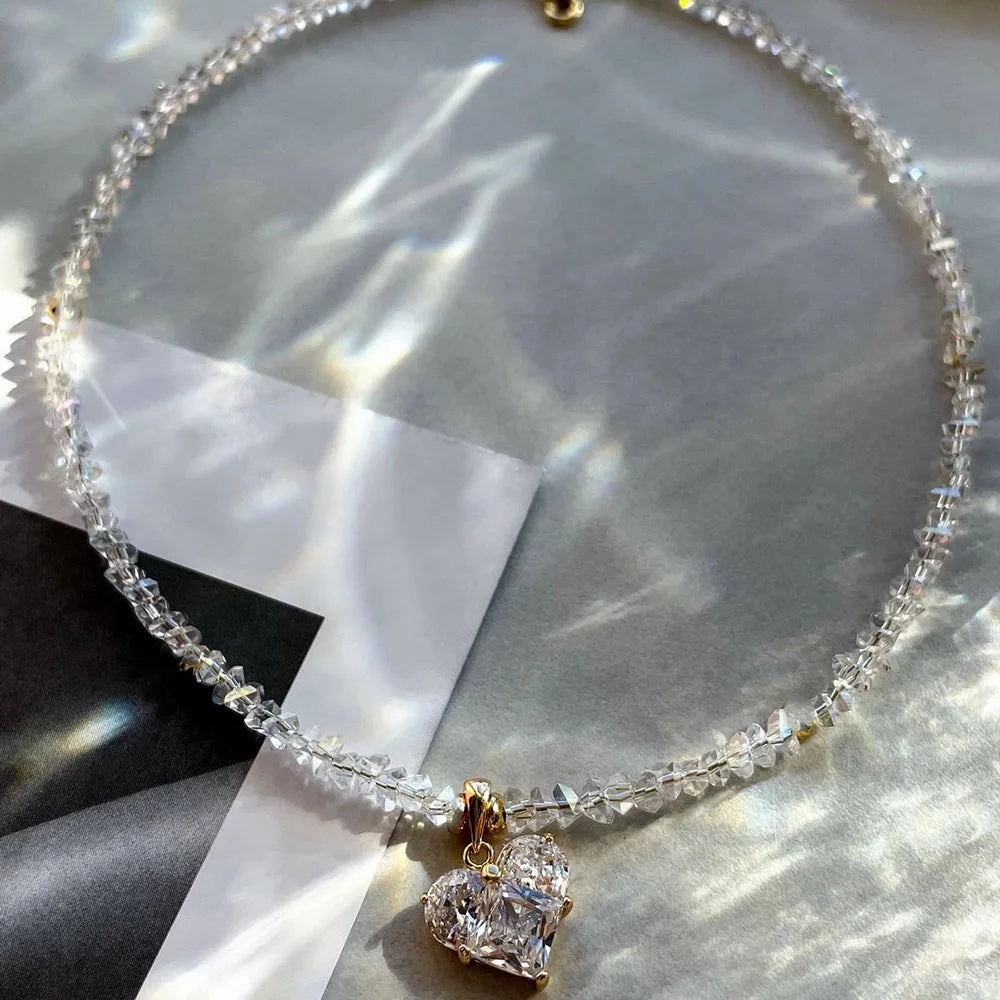 Design Exaggerated Irregular CCB Beads Chain Necklace With Crystal Heart Pendant for Women