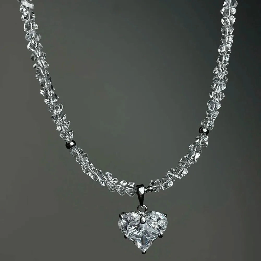 Design Exaggerated Irregular CCB Beads Chain Necklace With Crystal Heart Pendant for Women