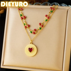 DIEYURO 316L Stainless Steel Double-layer Red Heart Necklace