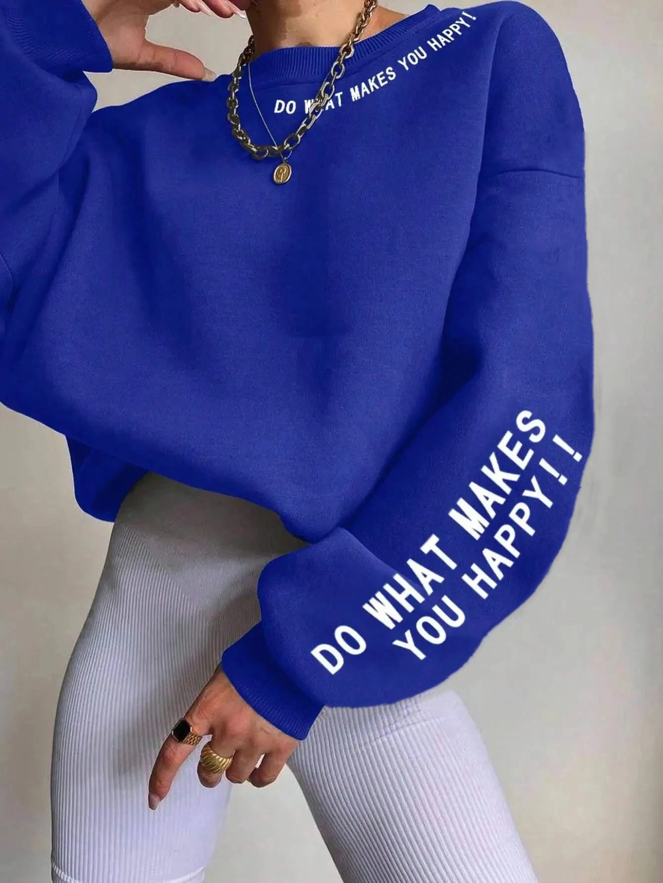 Do What Makes You Happy Letter Printing Sweatshirt Women Loose Crewneck Fleece Pullover for Streetwear Autumn Winter